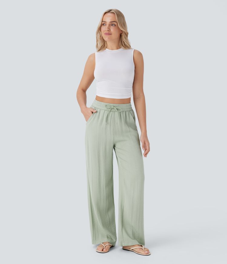 High-Waisted Wide-Leg Linen-Feel Pants