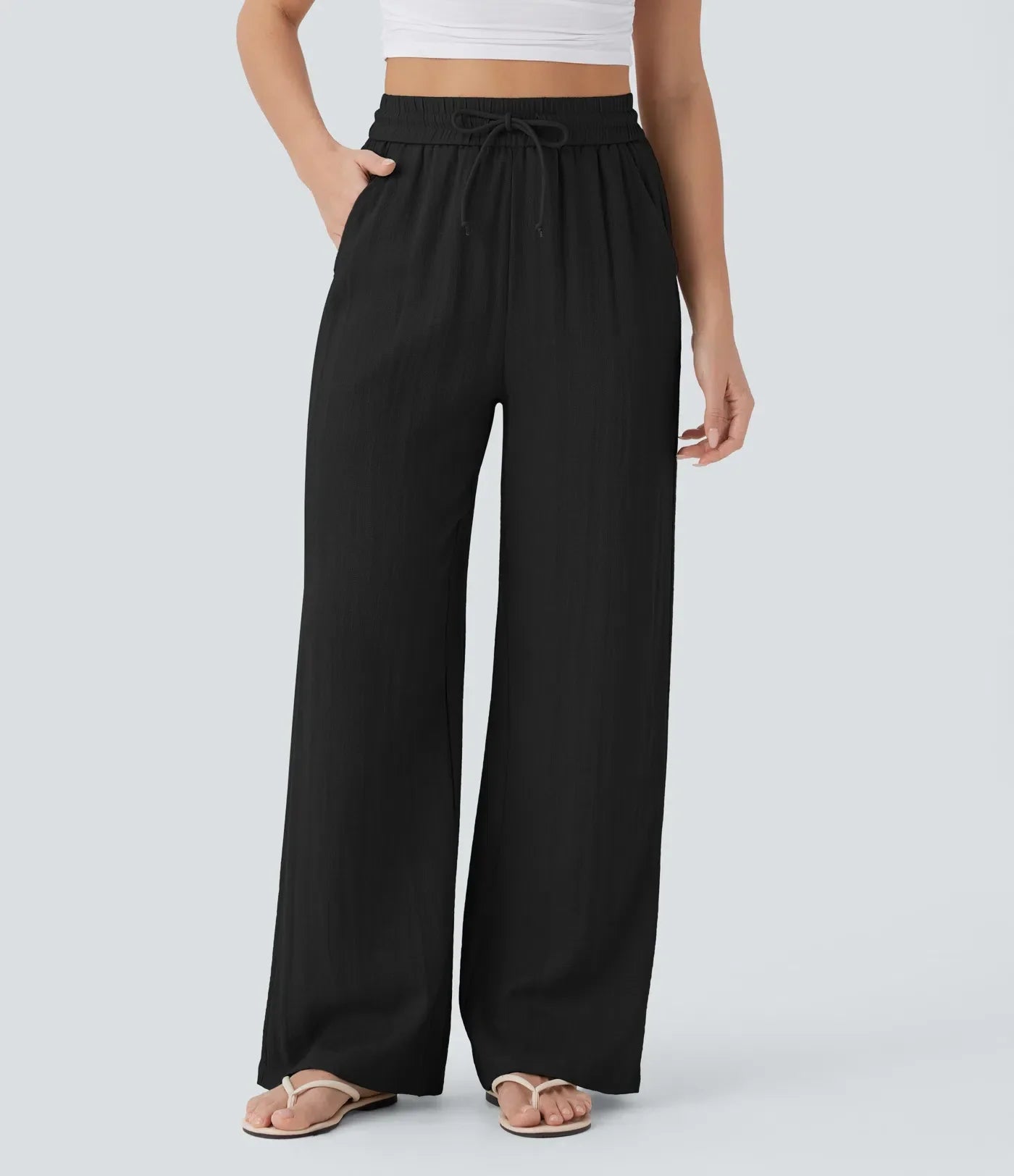 High-Waisted Wide-Leg Linen-Feel Pants