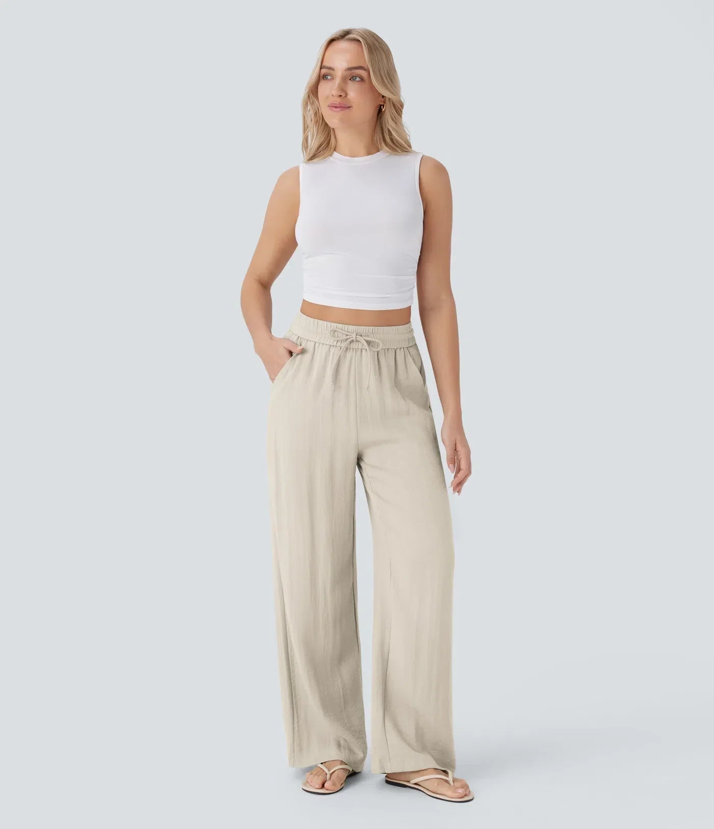 High-Waisted Wide-Leg Linen-Feel Pants