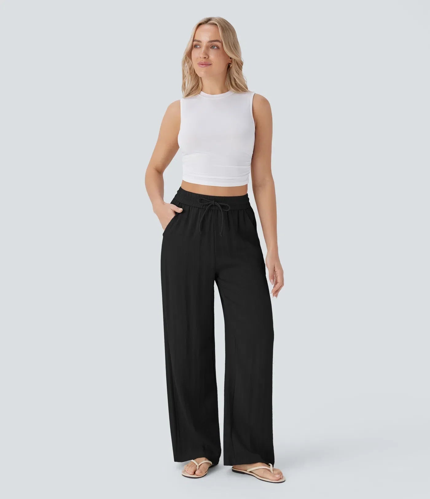 High-Waisted Wide-Leg Linen-Feel Pants