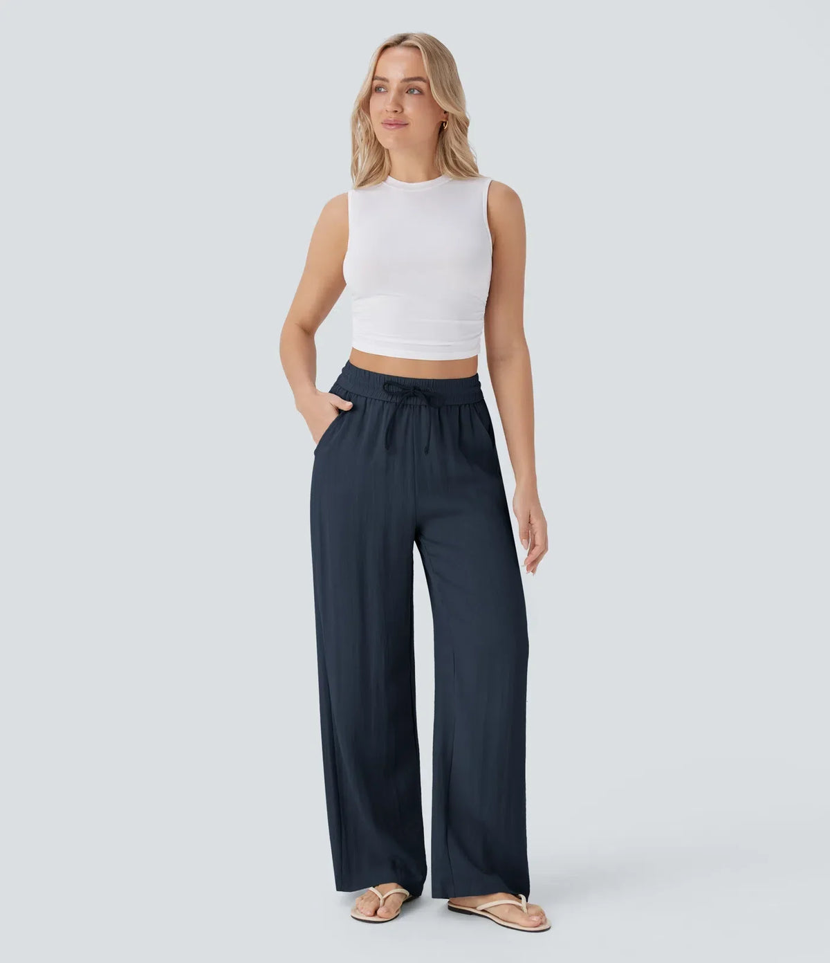 High-Waisted Wide-Leg Linen-Feel Pants